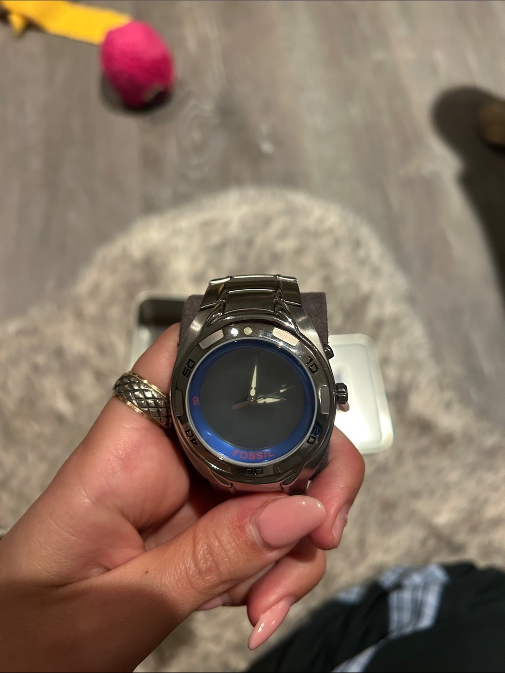 Fossil Silver Stainless Steel Watch with Blue Dial Ring Giants NFL collection - Picture 3 of 7